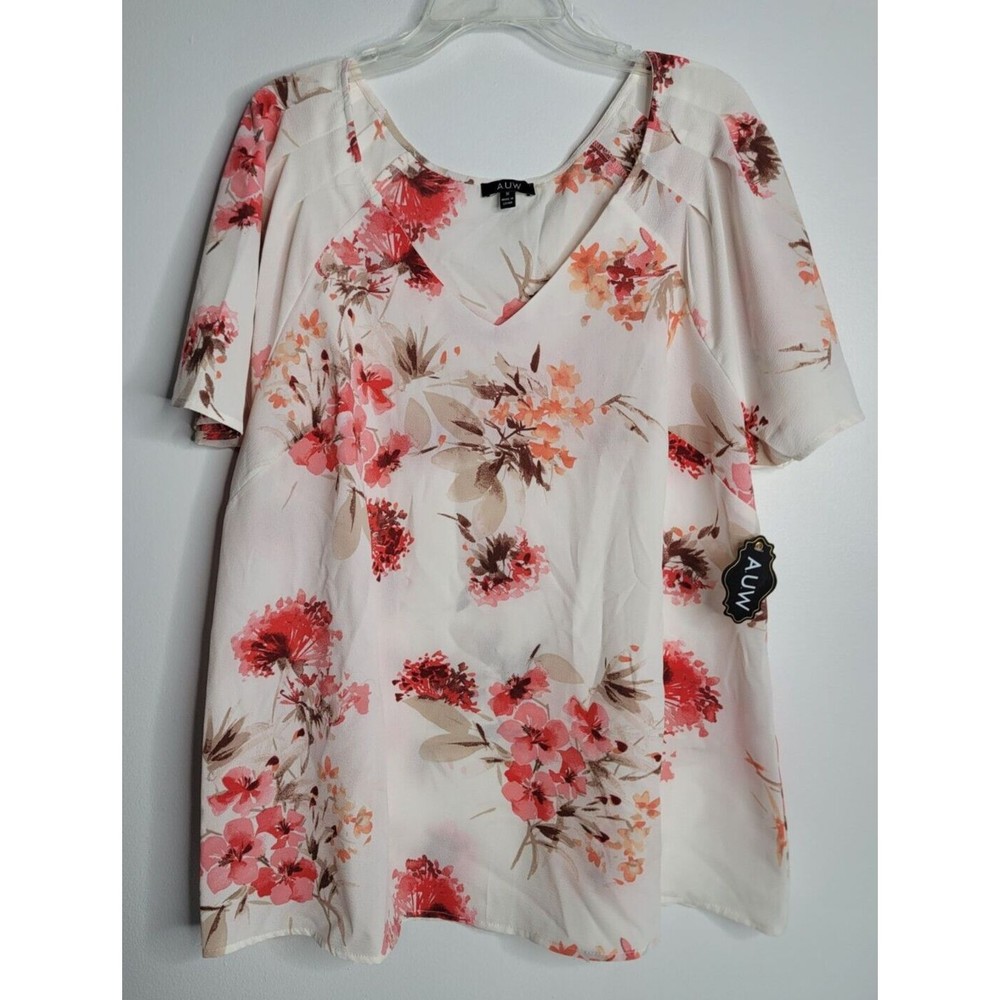 AUW As U Wish Womens 1X Floral Blouse Shirt Top Short Sleeve Red Flowers NEW